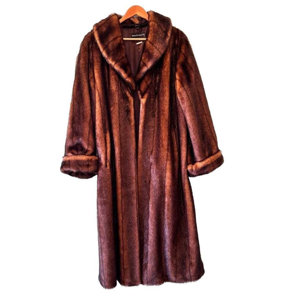 Pamela McCoy Tiger Mills Long Brown Faux Fur Coat – Size Medium